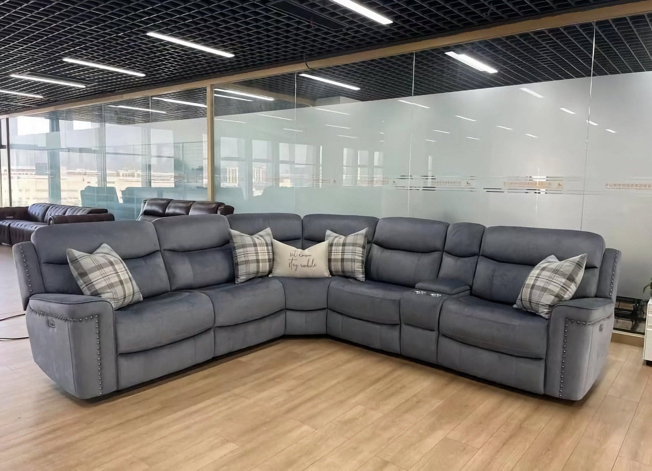 Steel Blue Cloth Sectional Couch with Three Recliners, Console and